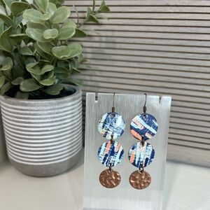 Handmade Blue Multicolor Leather Earrings with Copper Metal Accent